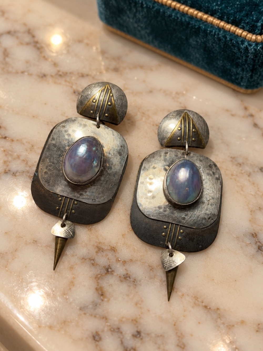Tabra Vintage Artisanal Sterling & Mixed Metal Moonstone Dangle Earrings